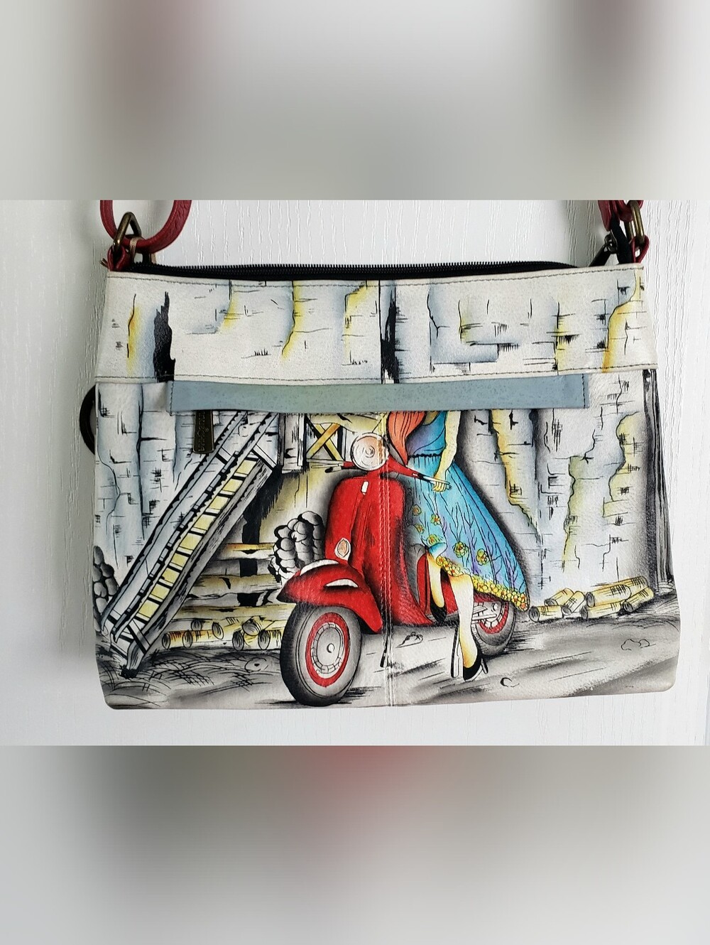 NWT Anuschka Leather Asymmetric Crossbody Bag Roman Dreams Scooter Art 8354 - Picture 5 of 16